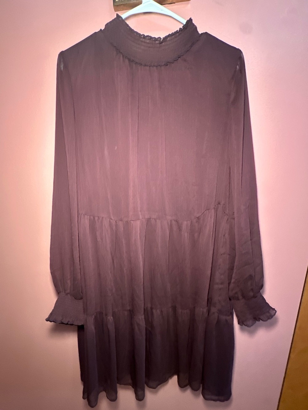 Long Sleeve Ruffled High-Neck Dress in Plum 1X